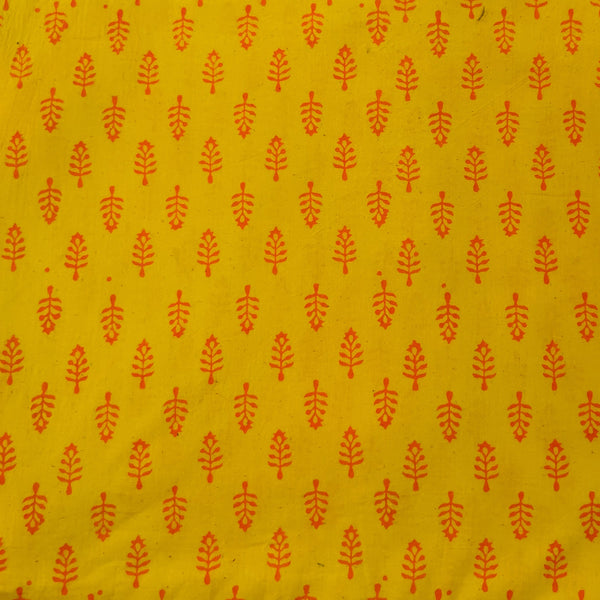 Pure Cotton Napthol Discharge Yellow With Simple Orange Grass Flower Motif Hand Block Print Fabric