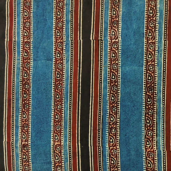 Pure Cotton Natural Ajrak  Black Blue Red Intricate Stripes Hand Block Print Fabric1