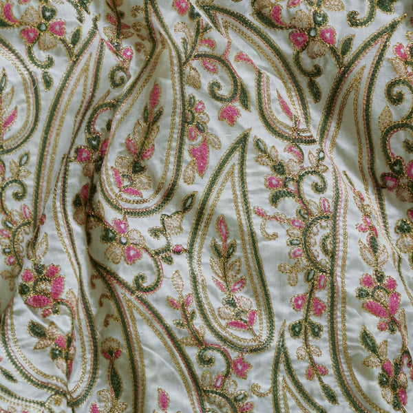 Pure Cotton Natural Cream With Leaf Paisley Embroidered Fabric