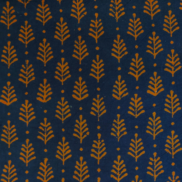 Pure Cotton Navy Blue With Orange Fern Hand Block Print Fabric