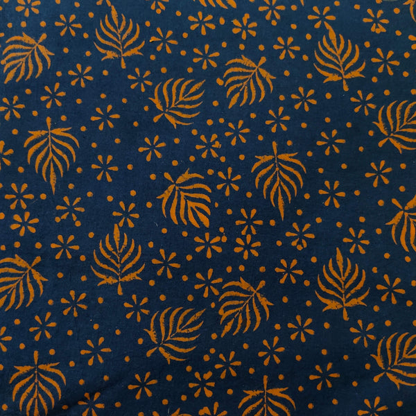 Pure Cotton Navy Blue With Orange Ferns Hand Block Print Fabric