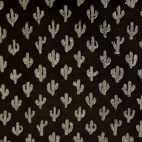 Pure Cotton Newspapers Black With Off White Cactus Hand Block Print Fabric