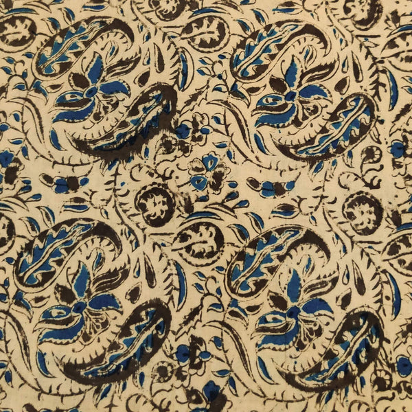 Pure Cotton Off White Cream With Blue And Black Jaal Hand Block Print Blouse Fabric ( 1 Meter )