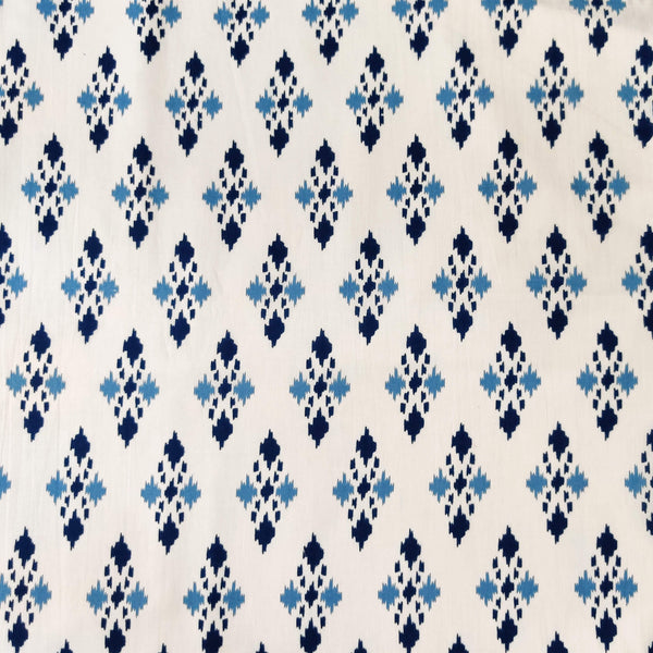 Pure Cotton Off White With Blue Geometric Ikkat Screen Print Fabric