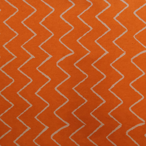 Pure Cotton Orange Discharge With Big Cream Zig Zag Hand Block Print Fabric