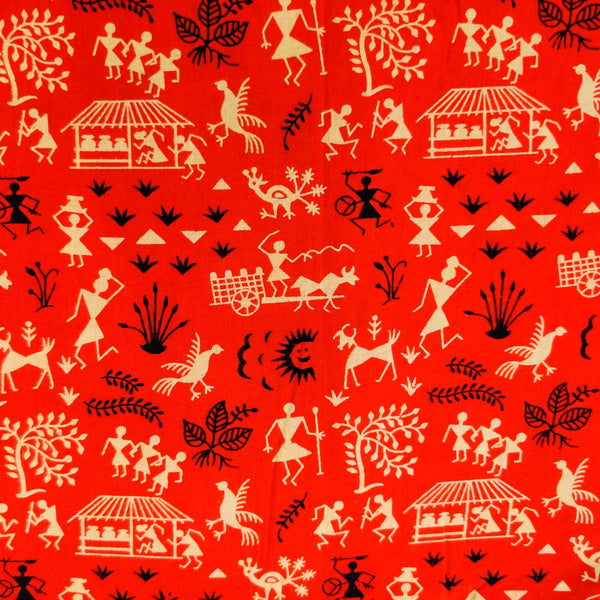 Pure Cotton Orange Screen Print With Warli Village Screen Print Fabric