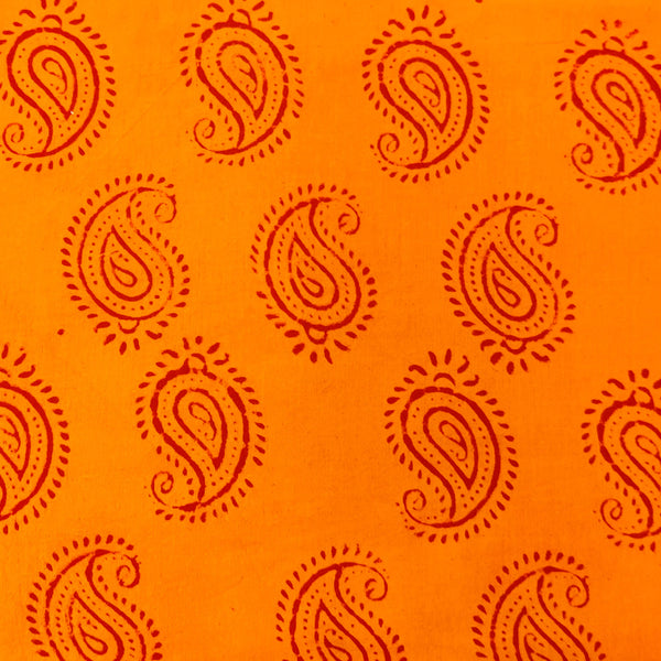 Pure Cotton Orange With Maroon Kairi Motifs Hand Block Print Fabric