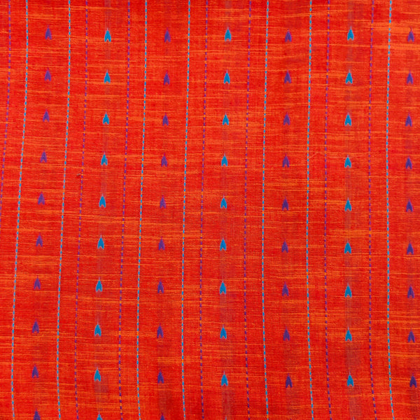 Pure Cotton Orange With Shades Of Blue Tiny Triangle Stripes Handloom Fabric