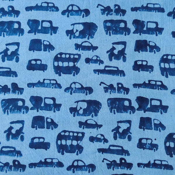 Pure Cotton Organic Dyed Blue Cars Hand Block Print Fabric