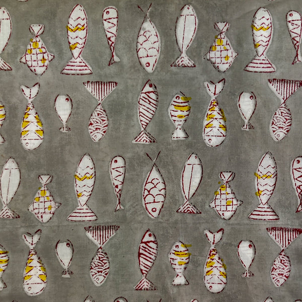 Pure Cotton Organic Dyed Grey With Cream Yellow Fish Hand Block Print Fabric