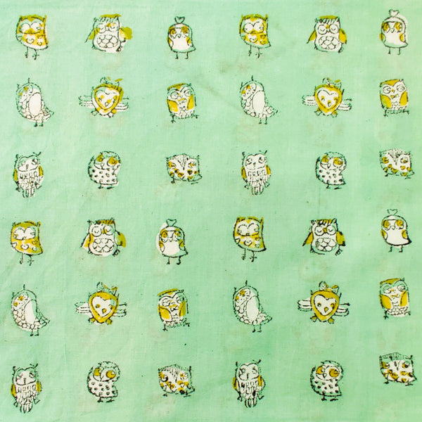 Pure Cotton Organic Dyed Pastel Green With Sleepy Owl Hand Block Print Fabric