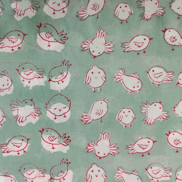 Pure Cotton Organic Dyed Pastel Green With The Bird Family Hand Block Print Fabric