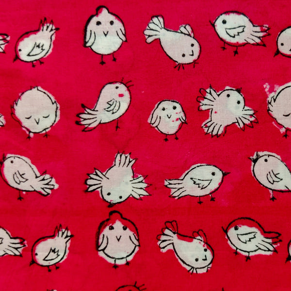 Pure Cotton Organic Dyed Pastel Red With The Bird Family Hand Block Print Fabric