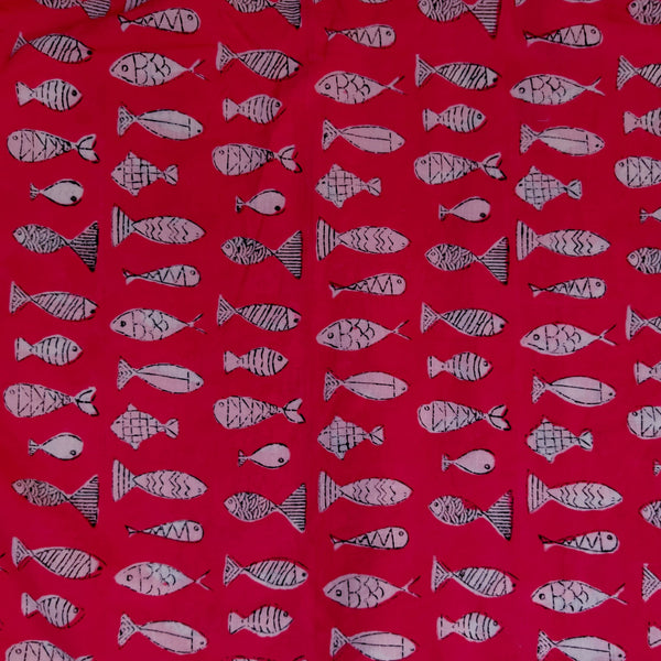 Pure Cotton Organic Dyed Red With Fish Hand Block Print Fabric