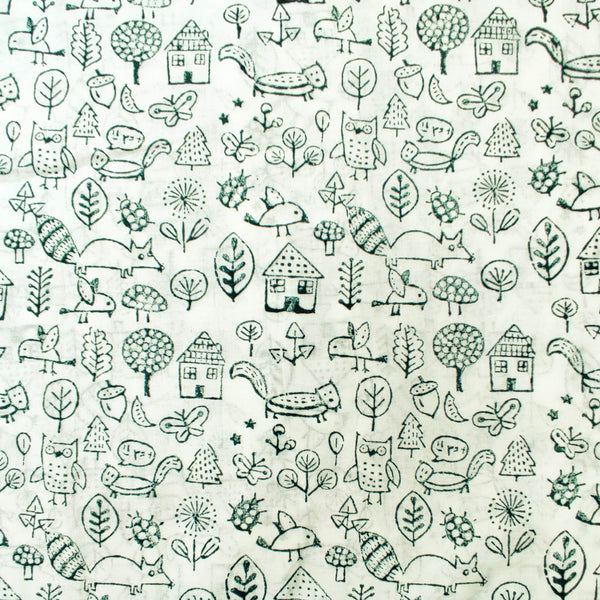 Pure Cotton Organic Dyed White With A Happy Village Hand Block Print Fabric