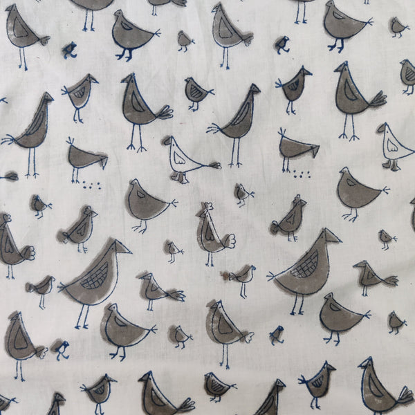 Pure Cotton Organic Dyed White With The Bird Family Grey Hand Block Print Fabric