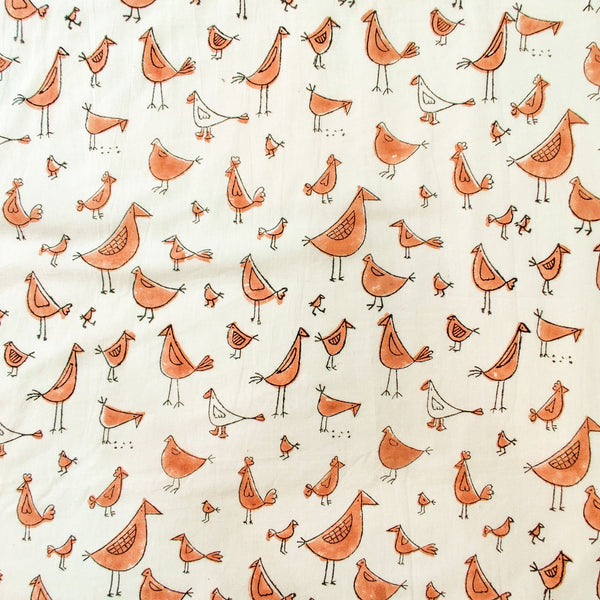 Pure Cotton Organic Dyed White With The Bird Family Hand Block Print  Blouse Fabric ( 1 Meter )