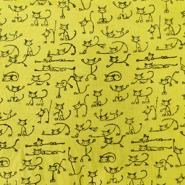 Pure Cotton Organic Dyed Yellow With Crazy Cats Hand Block Print Fabric