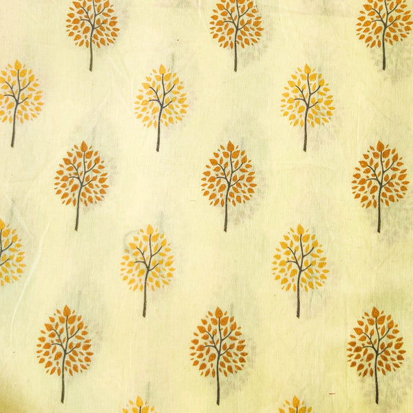 Pure Cotton Pale Yellow Wirh Tree Motifs Screen Print Fabric