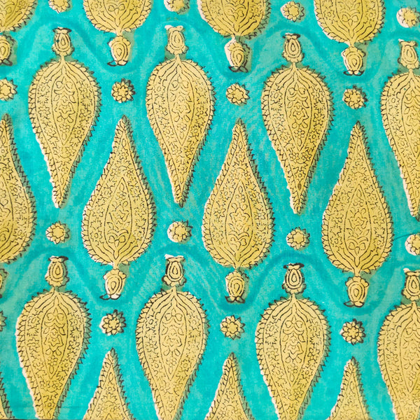 Pure Cotton Pastel Blue With Yellow Intricate Spade Motif Hand Block Print Fabric