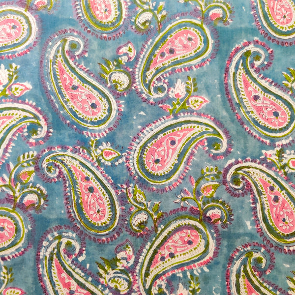 Pure Cotton Pastel Bluish Grey Jaipuri With Pink Purple Paisley Jaal Hand Block Print Fabric