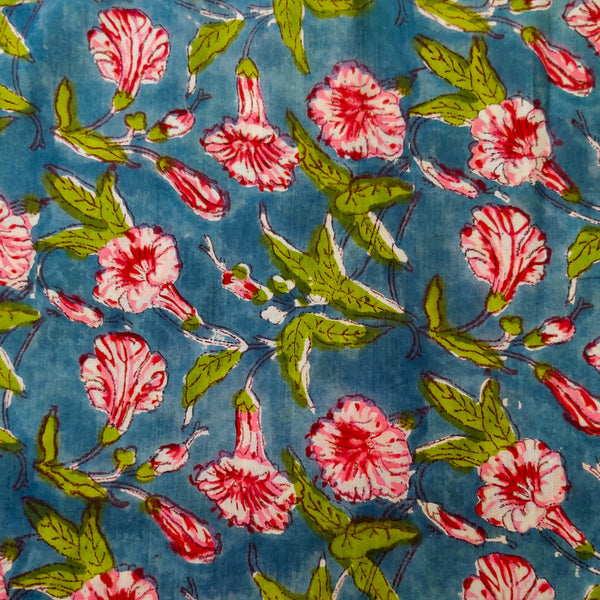 Pure Cotton Pastel Dark Bluish Grey Jaipuri With Pink Red Flower Jaal Hand Block Print Fabric