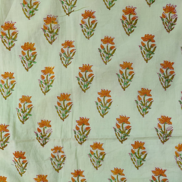 Pure Cotton Pastel Green With Mustard Tiny Flowers Hand Block Print Fabric