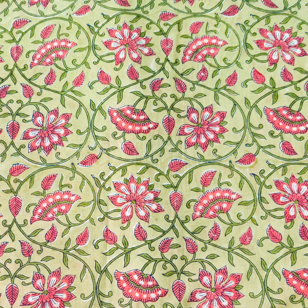 Pure Cotton Pastel Green With Pink Floral Jaal Hand Block Print Fabric