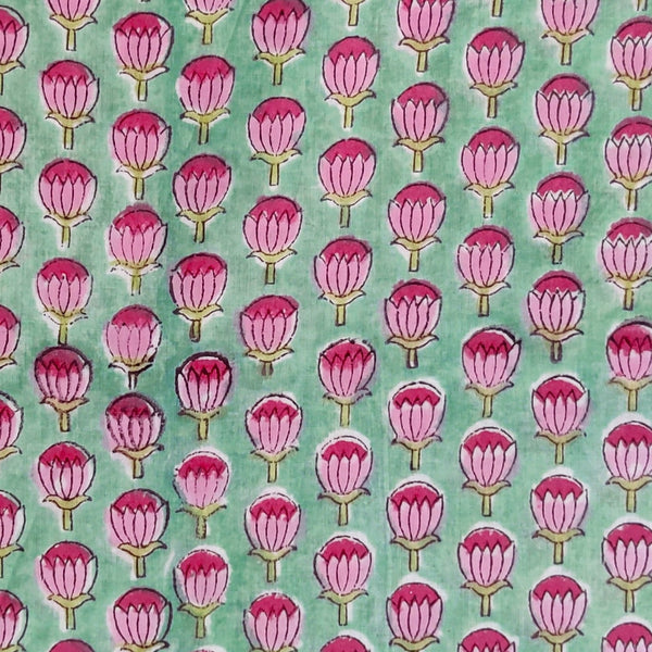 Pure Cotton Pastel Green With Pink Flower Buds Hand Block Print Fabric