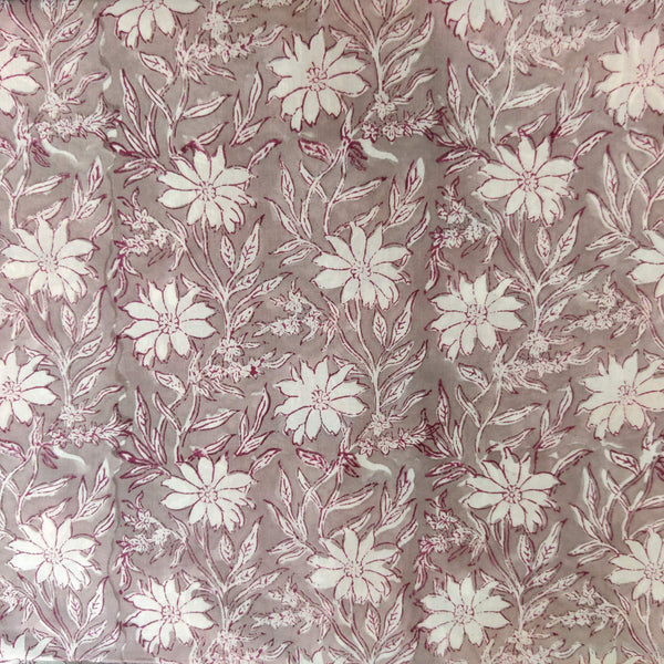 Pure Cotton Pastel Grey With White Floral Jaal Hand Block Print Fabric