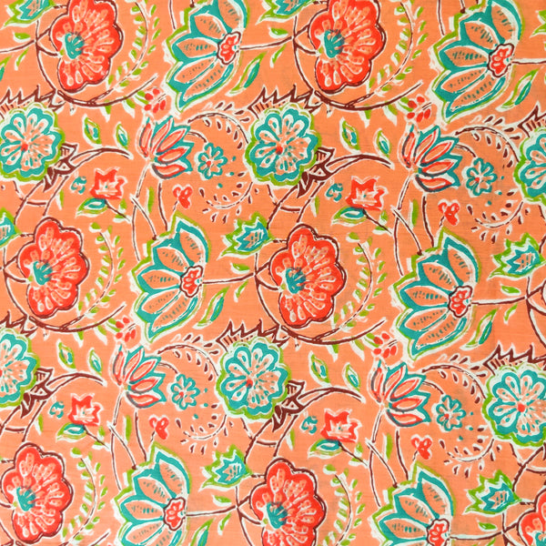 Pure Cotton Pastel Orange Peach With Wild Flower Jaal Hand Block Print Fabric