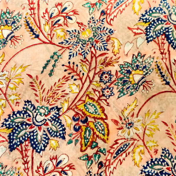 Pure Cotton Pastel Peach Jaipuri Wit Blue Wild Flower Jaal Hand Block Print Fabric