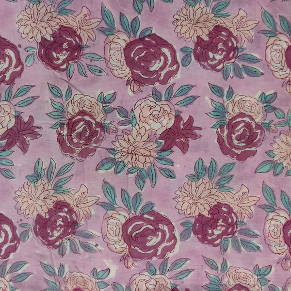 Pure Cotton Pastel Purple With Roses Hand Block Print Fabric