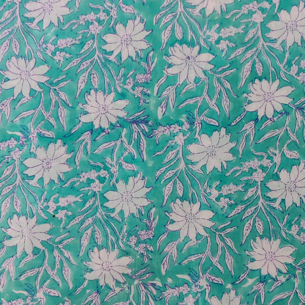 Pure Cotton Pastel Teal With Simple White Flower Jaal Hand Block Print Fabric