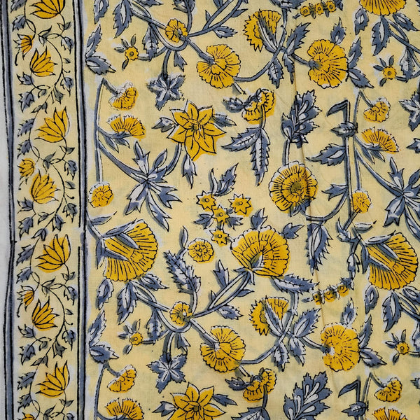 Pure Cotton Pastel Yellow With Mustard Floral Jaal Hand Block Print Fabric