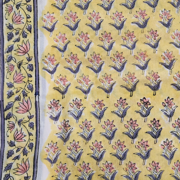 Pure Cotton Pastel Yellow With Pink Grey Flower Motifs Hand Block Print Fabric