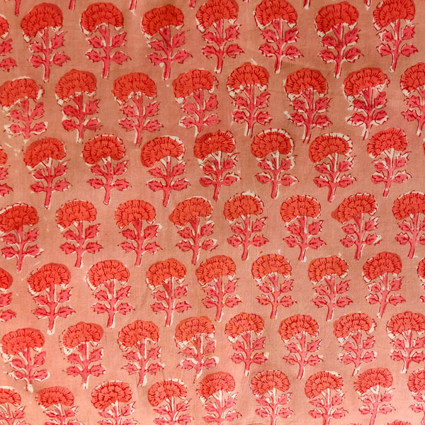 Pure Cotton Peach Jaipuri With Dahlia Hand Block Print Fabric