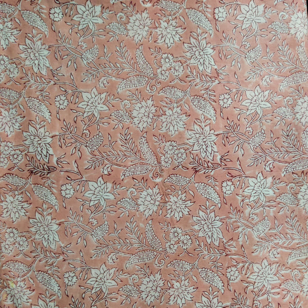 Pure Cotton Peach Jaipuri With White Tiny Flower Jaal Hand Block Print Fabric