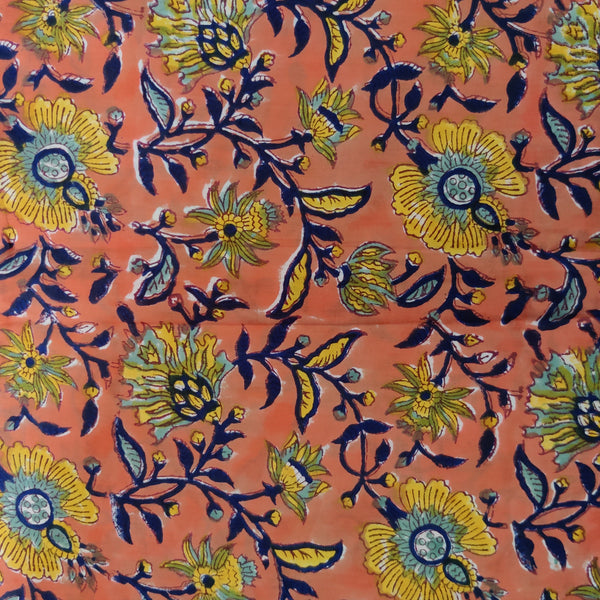 Pure Cotton Peach Jaipuri With Yellow Blue Wild Floral Jaal hand Block Print Fabric