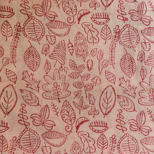 Pure Cotton Peach Pink With Multi Leaves Motifs Hand Block Print Fabric