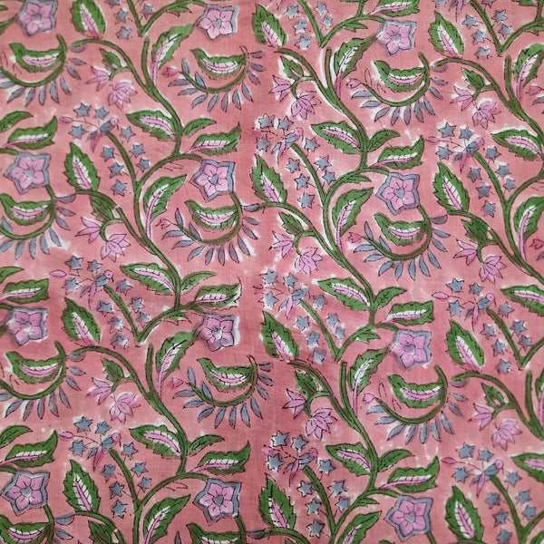 Pure Cotton Peach With Green Creeper Jaipuri Hand Block Print Fabric