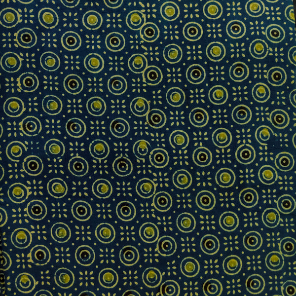 Pure Cotton Persian Blue With Green Circles Tiles Hand Block Print Fabric