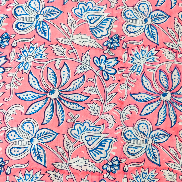 Pure Cotton Pink Jaipuri With Blue And White Wild Flower Jaal Hand Block Print Fabric