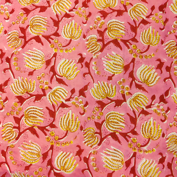 Pure Cotton Pink Jaipuri With Mustard Lotus Jaal Hand Block Print Fabric