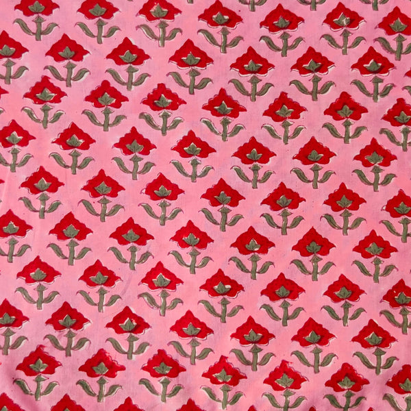 Pure Cotton Pink Jaipuri With Red Single Flower Motif Hand Block Print Fabric