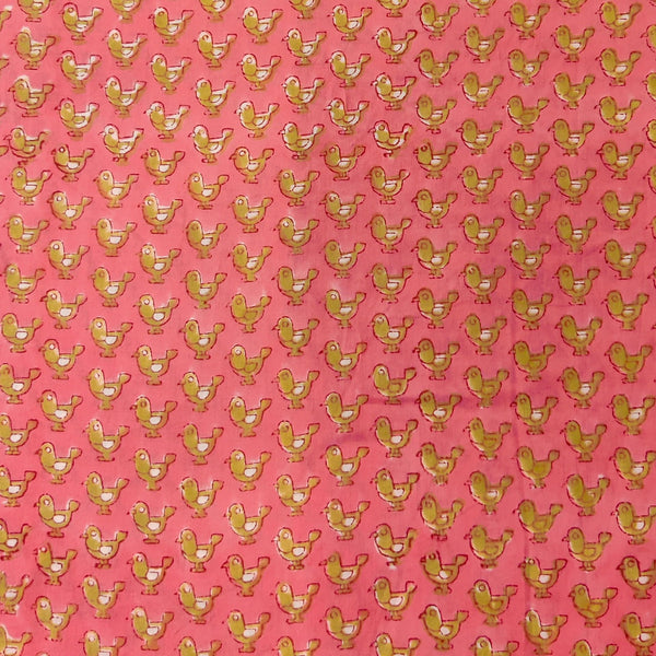 Pure Cotton Pink Jaipuri With Tiny Mustard Birds Hand Block Print Fabric