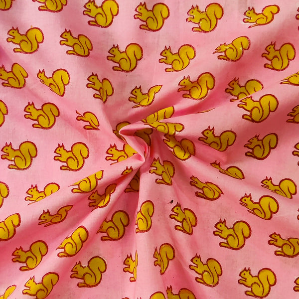 Pure Cotton Pink Jaipuri With Yellow Squirrel Hand Block Print Fabric