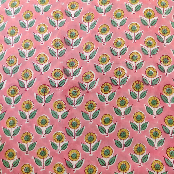 Pure Cotton Pink Peach With Yellow Sun Flower Hand Block Print Fabric