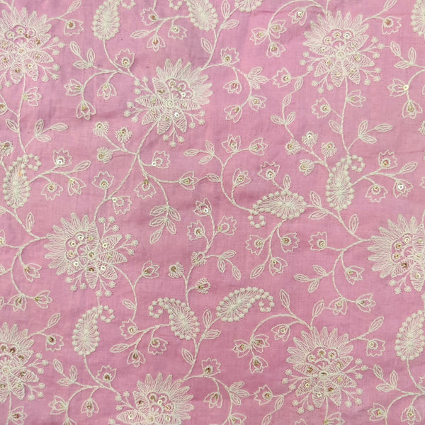 Pure Cotton Pink With Cream All Over Embroiedered Fabric