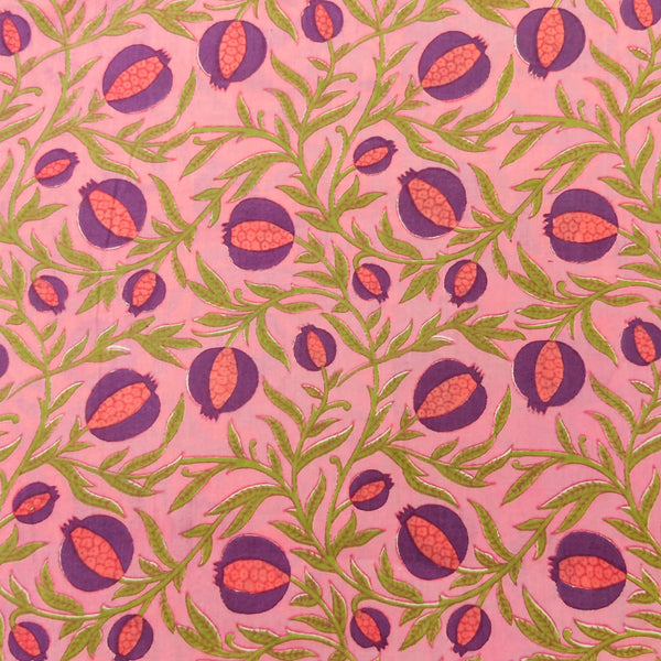 Pure Cotton Pink With Poppy Jaal Screen Print Fabric